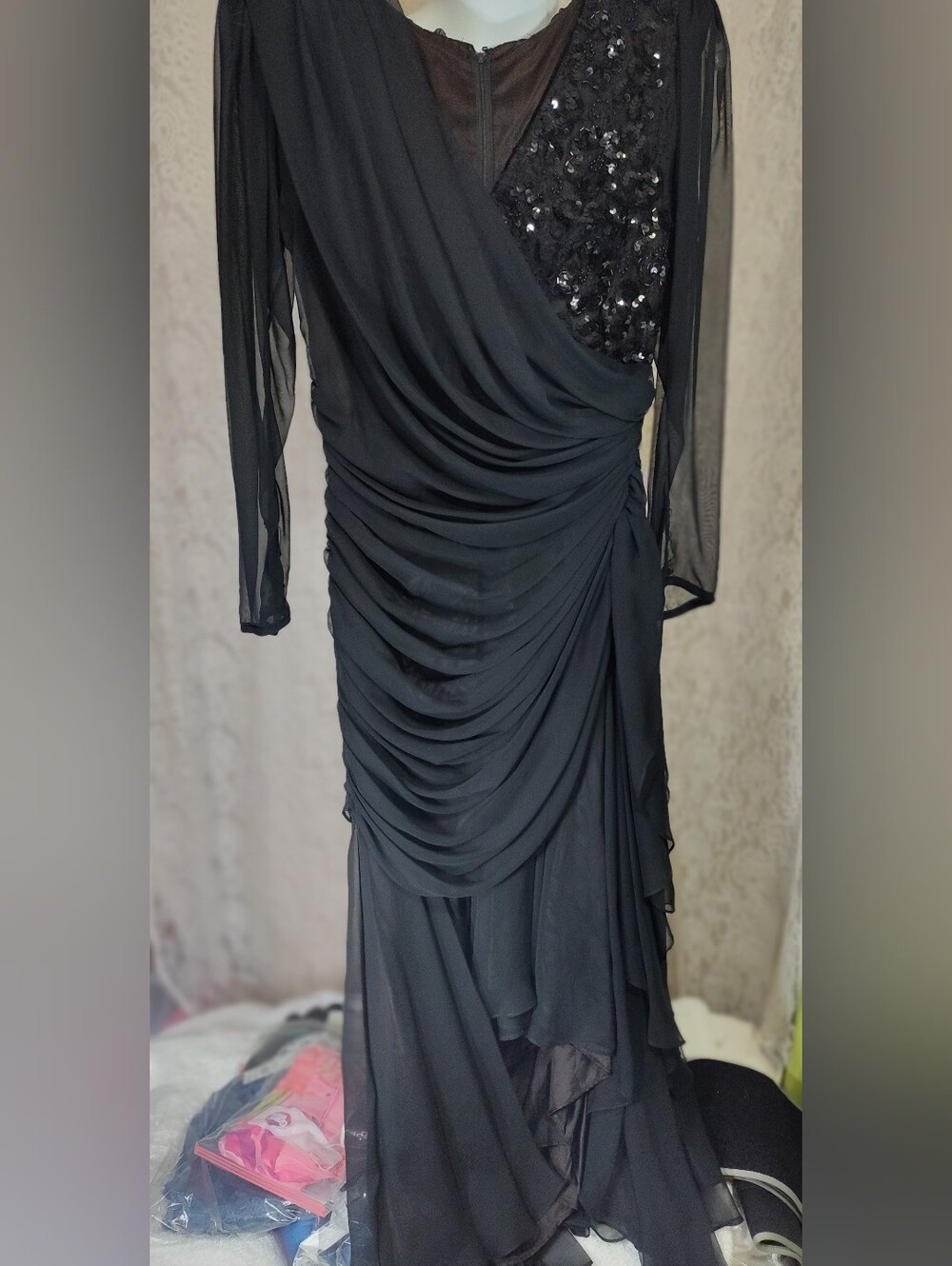 Vintage Tadashi Shoji Black Long-Sleeve Draped Sequin Evening Gown